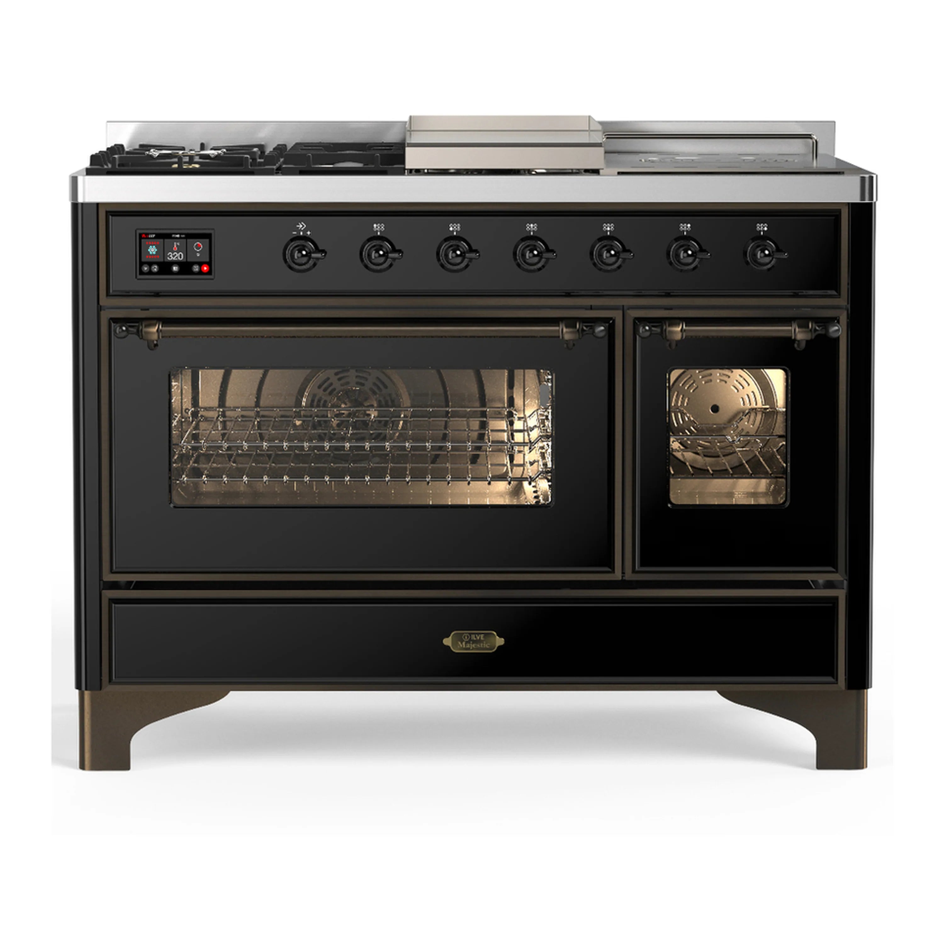 Glossy black dual fuel range with triple glass oven doors and control knobs, burnished trim