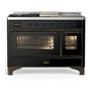 ILVE Majestic III 48-inch Dual Fuel Range with 5 Natural Gas Burner, Griddle, French Top and Triple Glass Door Electric Oven in Glossy Black with Burnished Trim (UM48FSNR3BKB)