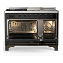 ILVE Majestic III 48-inch Dual Fuel Range with 5 Natural Gas Burner, Griddle, French Top and Triple Glass Door Electric Oven in Glossy Black with Burnished Trim (UM48FSNR3BKB)
