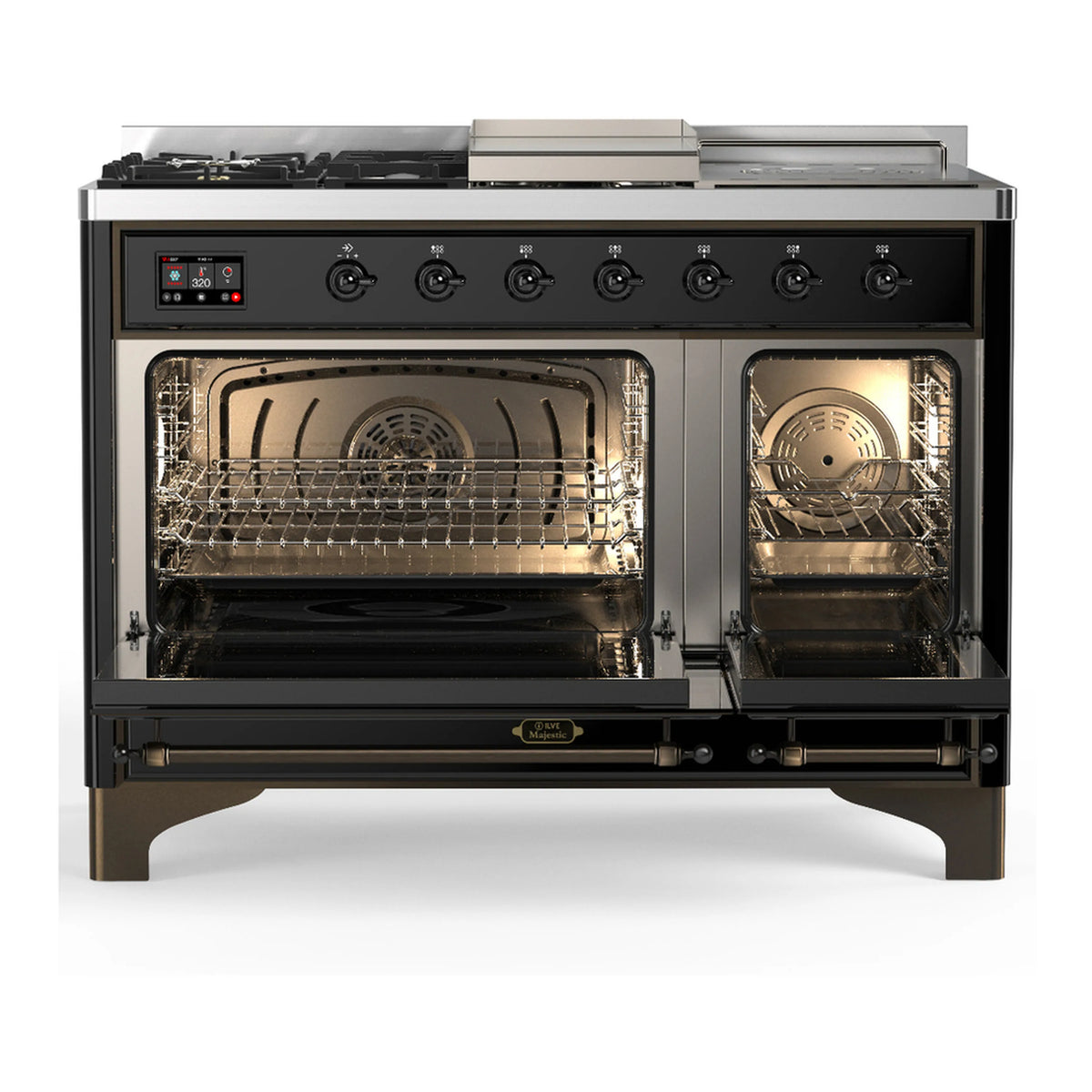 Glossy black dual-fuel range with open oven doors and visible racks inside