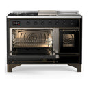 ILVE Majestic III 48-inch Dual Fuel Range with 5 Natural Gas Burner, Griddle, French Top and Triple Glass Door Electric Oven in Glossy Black with Burnished Trim (UM48FSNR3BKB)