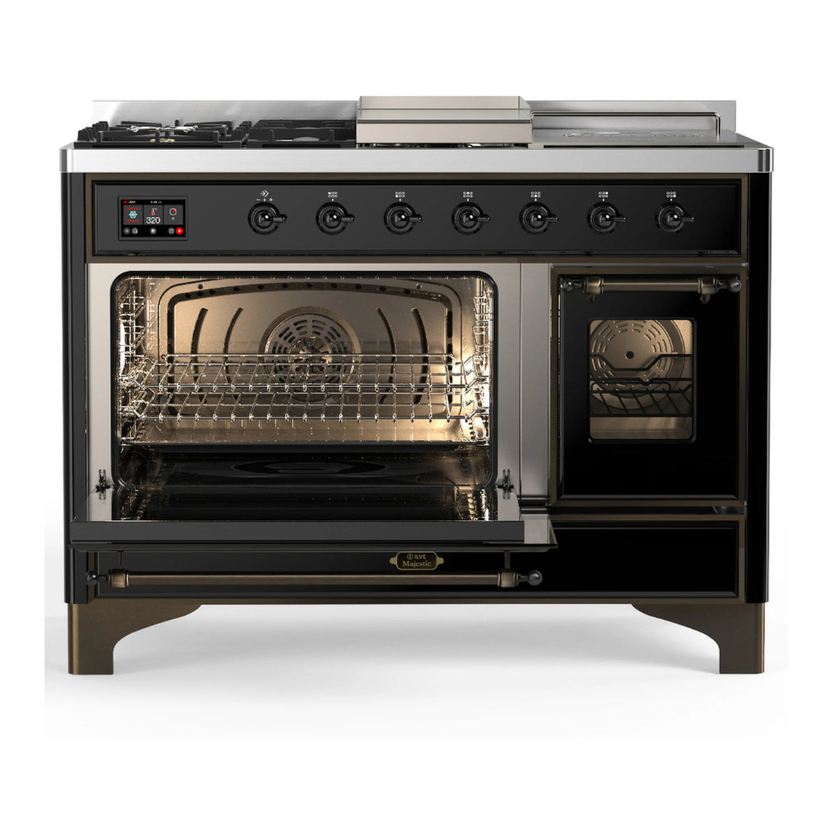 Glossy black dual-fuel range with open oven doors, racks, and back fan