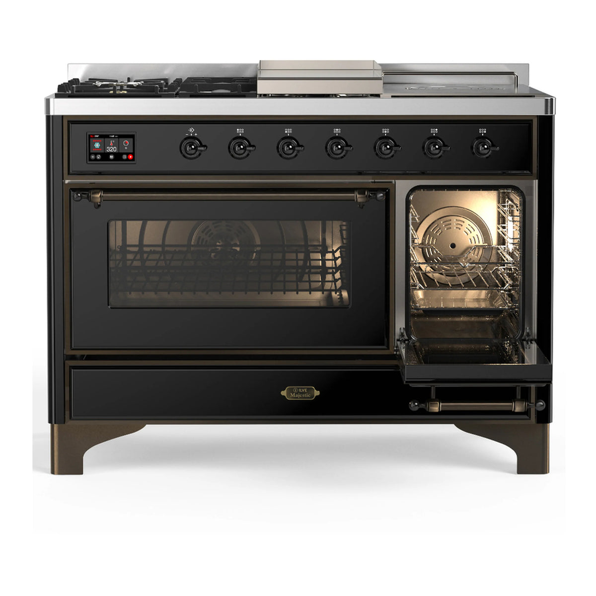 Glossy black dual fuel range with left oven door open and right oven door window, burnished trim