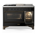 ILVE Majestic III 48-inch Dual Fuel Range with 5 Liquid Propane Burner, Griddle, French Top and Triple Glass Door Electric Oven in Glossy Black with Burnished Trim (UM48FSNR3BKBLP)