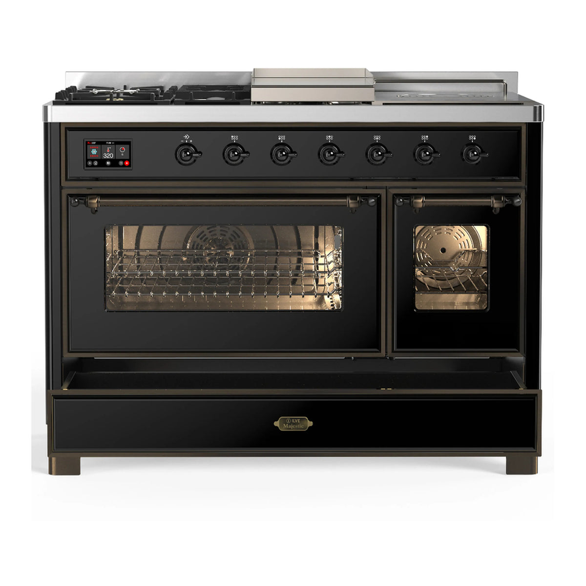 Glossy black dual fuel range with lower storage drawer open and oven doors open, burnished trim