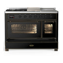ILVE Majestic III 48-inch Dual Fuel Range with 5 Liquid Propane Burner, Griddle, French Top and Triple Glass Door Electric Oven in Glossy Black with Burnished Trim (UM48FSNR3BKBLP)