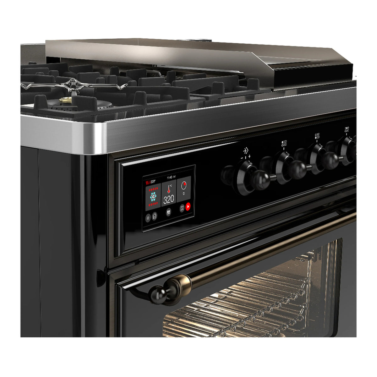 Dual fuel range control panel with digital display and knobs, above open oven