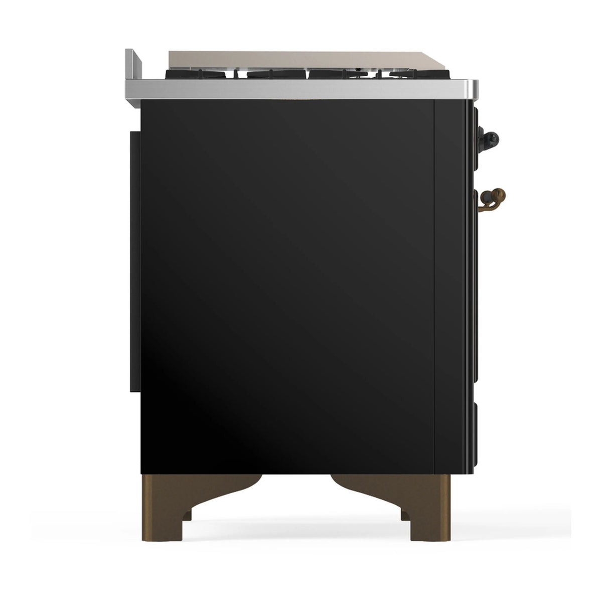 Glossy black dual fuel range side panel with burnished feet and back trim, no doors visible