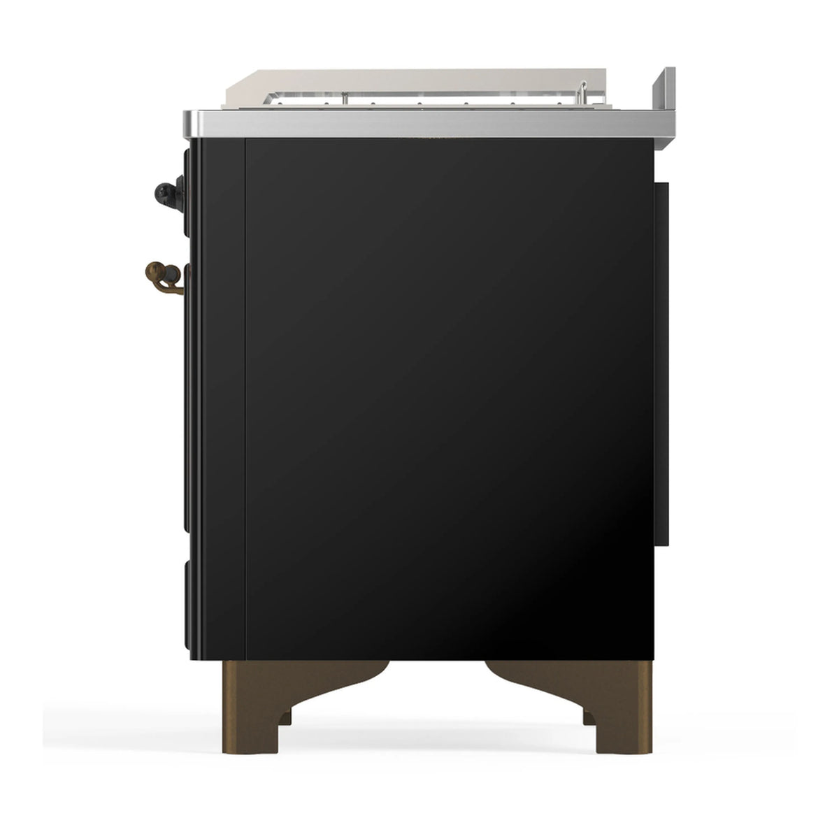 Glossy black dual fuel range with side handles and stainless top, back view