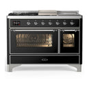 ILVE Majestic III 48-inch Dual Fuel Range with 5 Natural Gas Burner, Griddle, French Top and Triple Glass Door Electric Oven in Glossy Black with Chrome Trim (UM48FSNR3BKC)