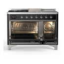 ILVE Majestic III 48-inch Dual Fuel Range with 5 Natural Gas Burner, Griddle, French Top and Triple Glass Door Electric Oven in Glossy Black with Chrome Trim (UM48FSNR3BKC)