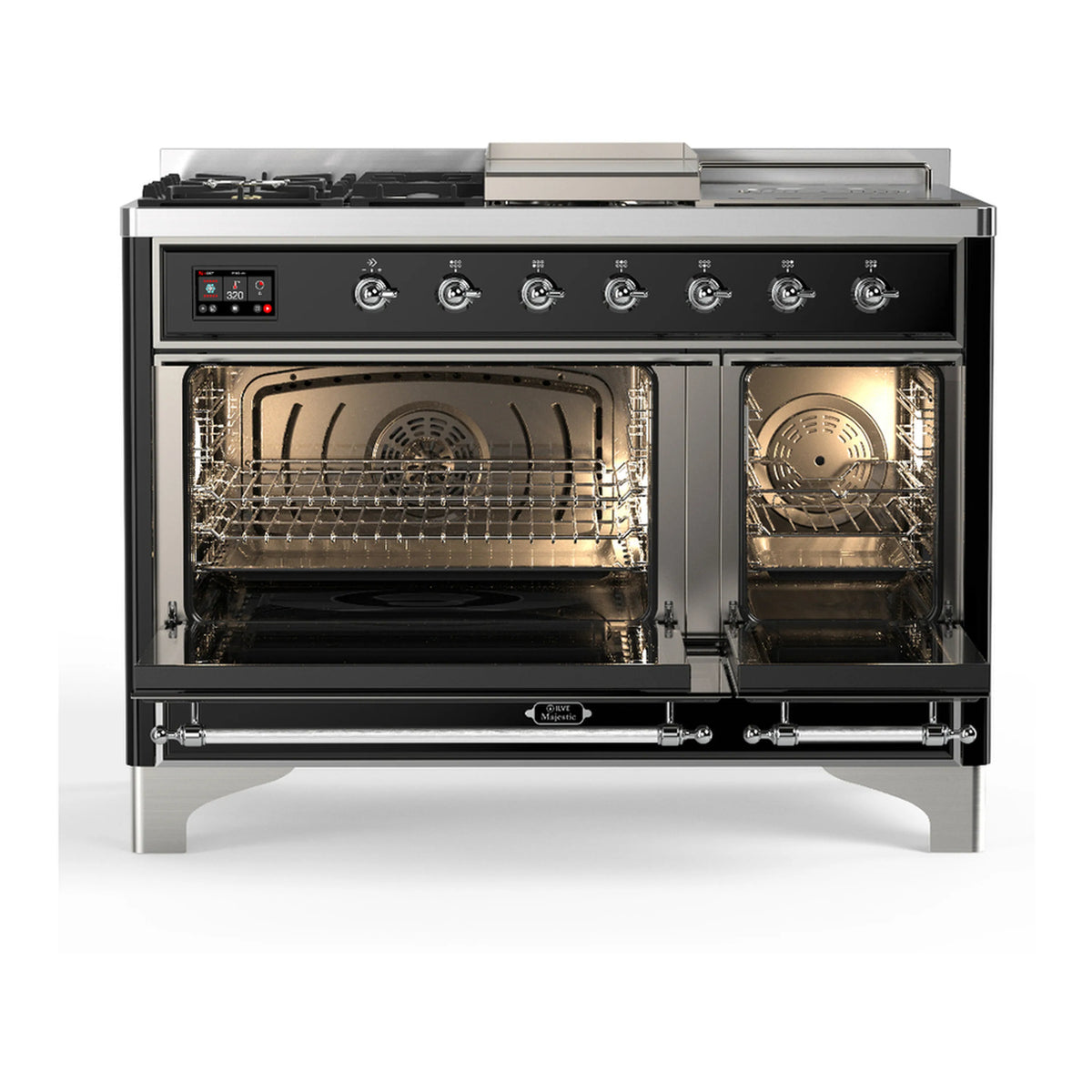 Glossy black dual-fuel range with both oven compartments open, chrome trim, front knobs