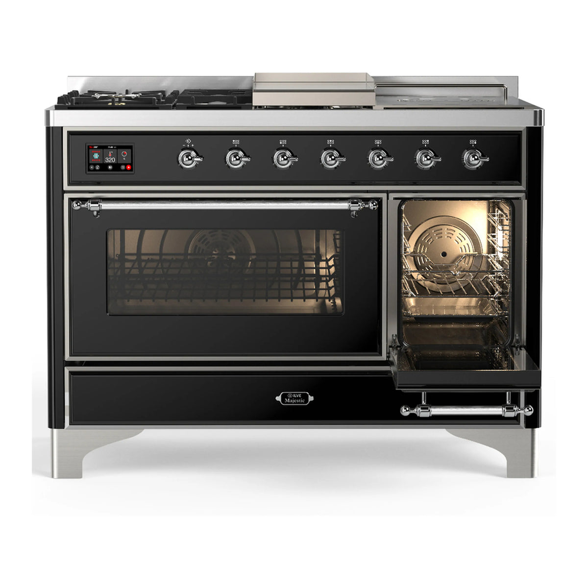 ILVE glossy black dual fuel range with chrome trim, left oven door open and right door closed