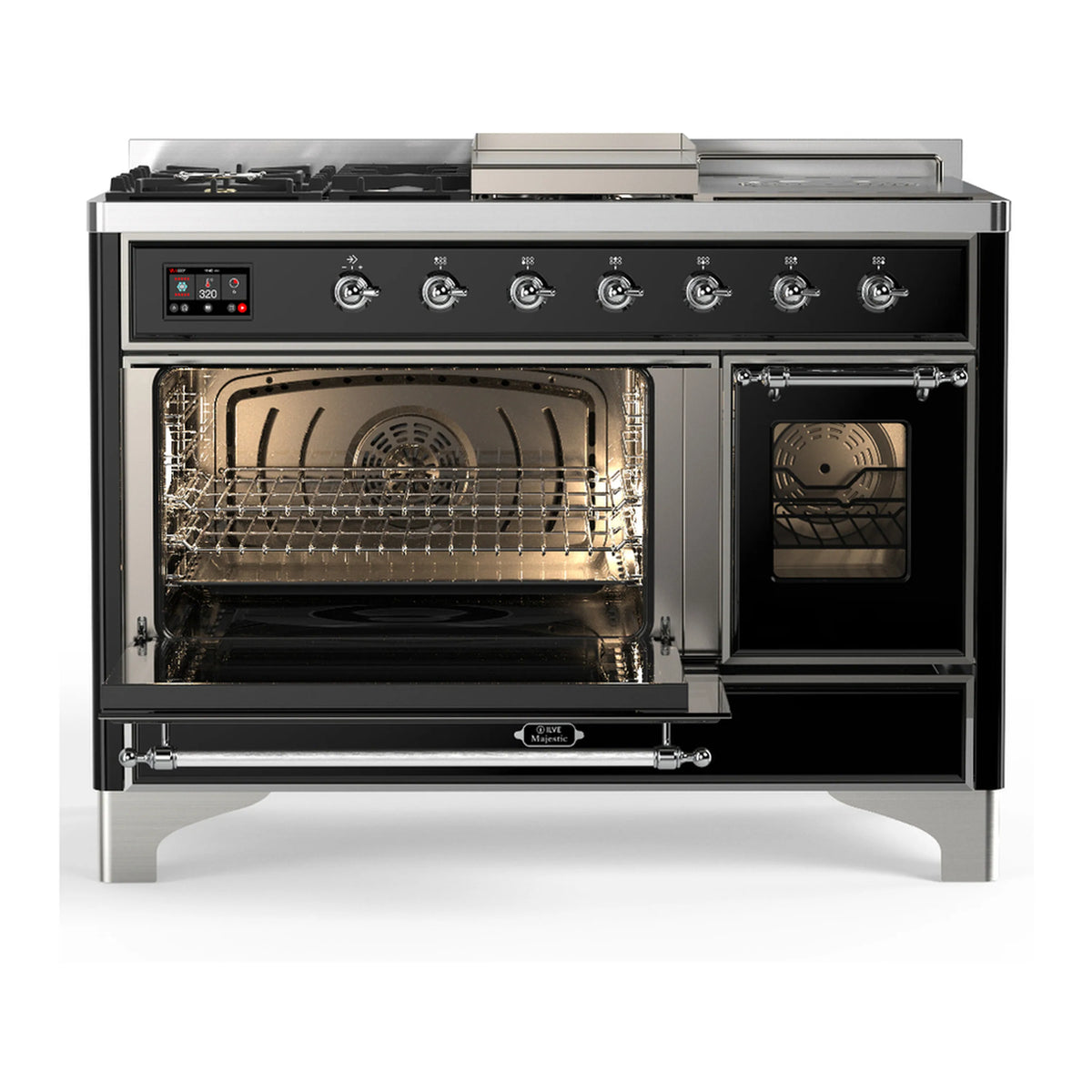ILVE glossy black dual fuel range with chrome trim, both oven doors open with lit oven interiors