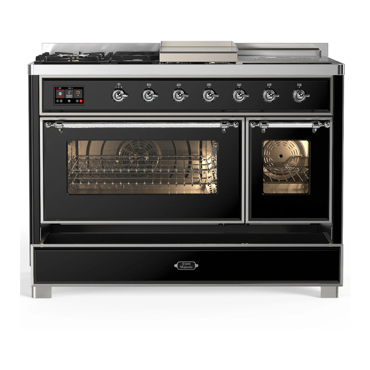 Glossy black dual-fuel range with large oven door openings, front panel knobs and trim