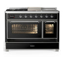 ILVE Majestic III 48-inch Dual Fuel Range with 5 Liquid Propane Burner, Griddle, French Top and Triple Glass Door Electric Oven in Glossy Black with Chrome Trim (UM48FSNR3BKCLP)