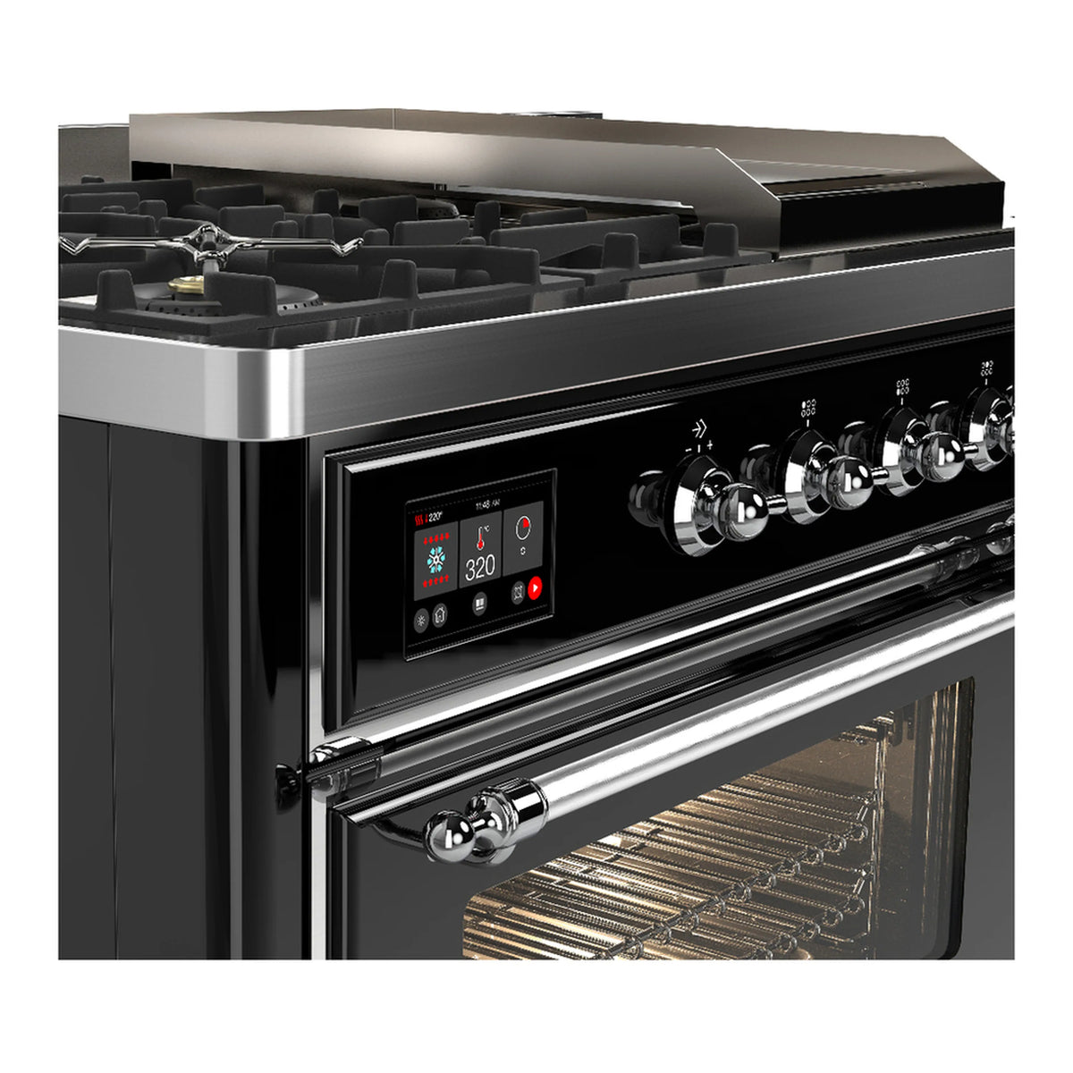 Glossy black dual-fuel range control panel and handle with oven door open