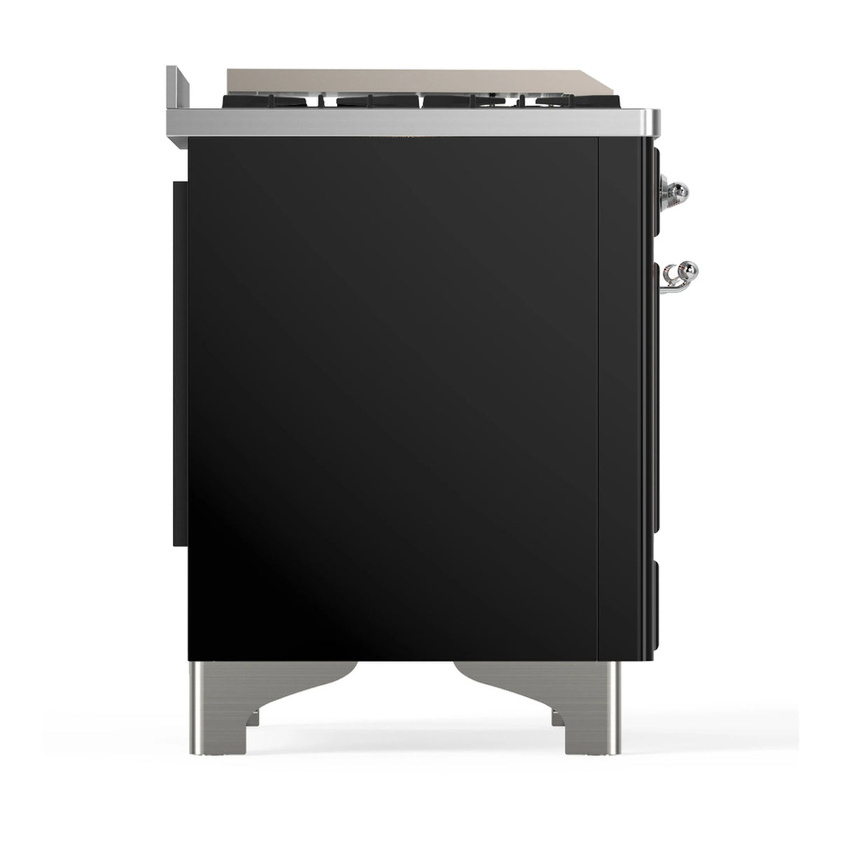 Glossy black dual-fuel range side panel with chrome legs and rear corner fittings