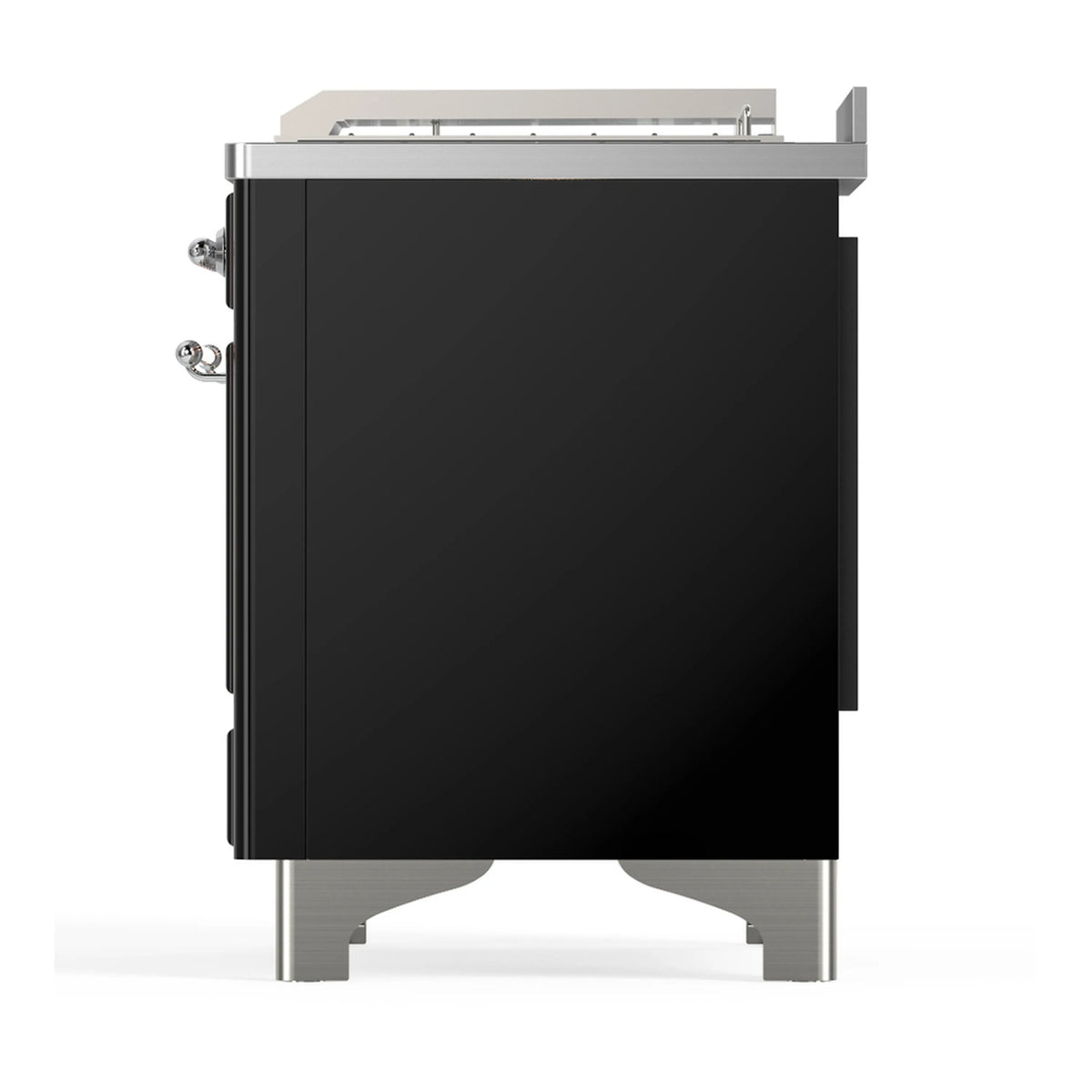ILVE glossy black rear side panel of dual fuel range with chrome trim and legs