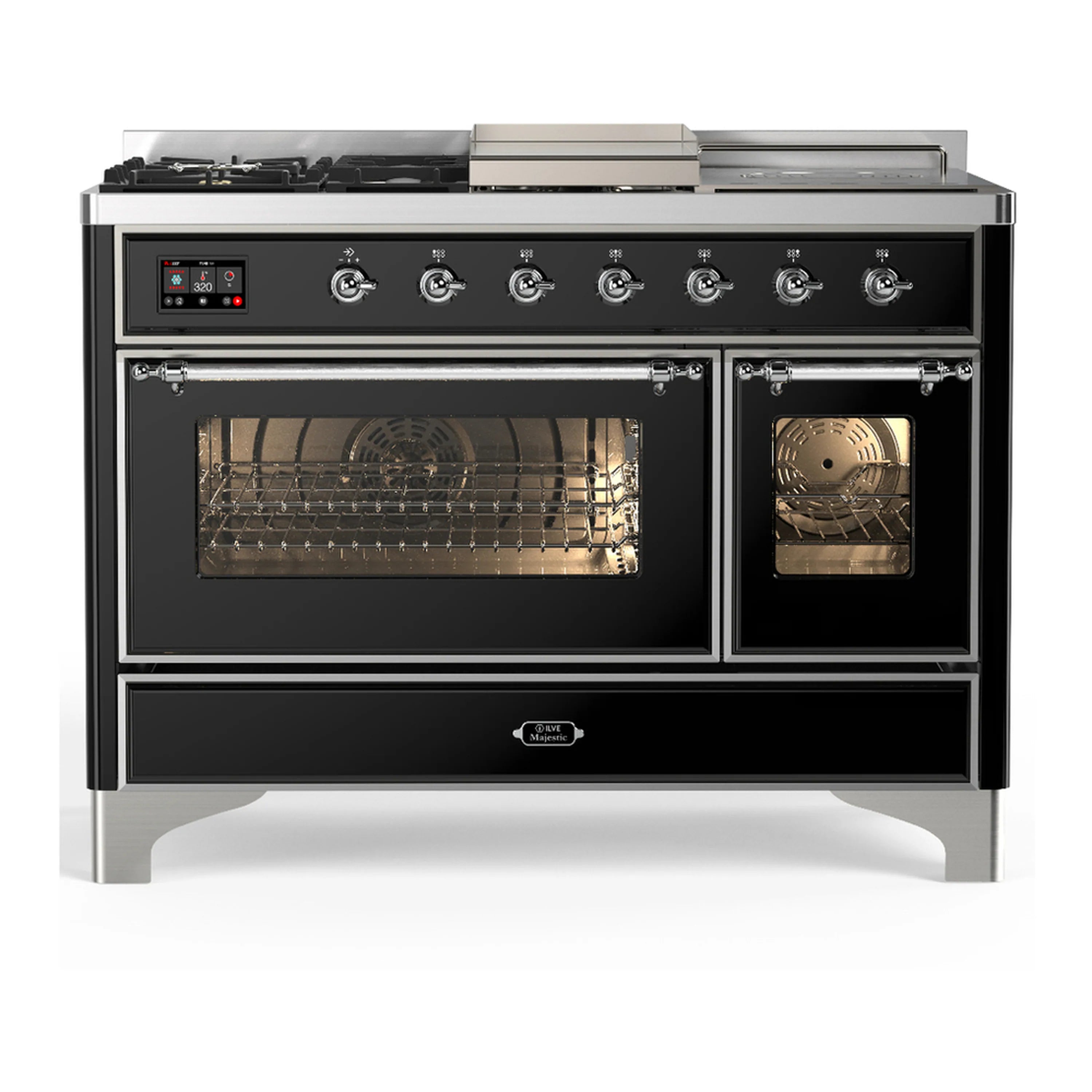 Glossy black dual-fuel range with open oven doors and front control knobs, chrome trim
