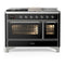 ILVE Majestic III 48-inch Dual Fuel Range with 5 Liquid Propane Burner, Griddle, French Top and Triple Glass Door Electric Oven in Glossy Black with Chrome Trim (UM48FSNR3BKCLP)