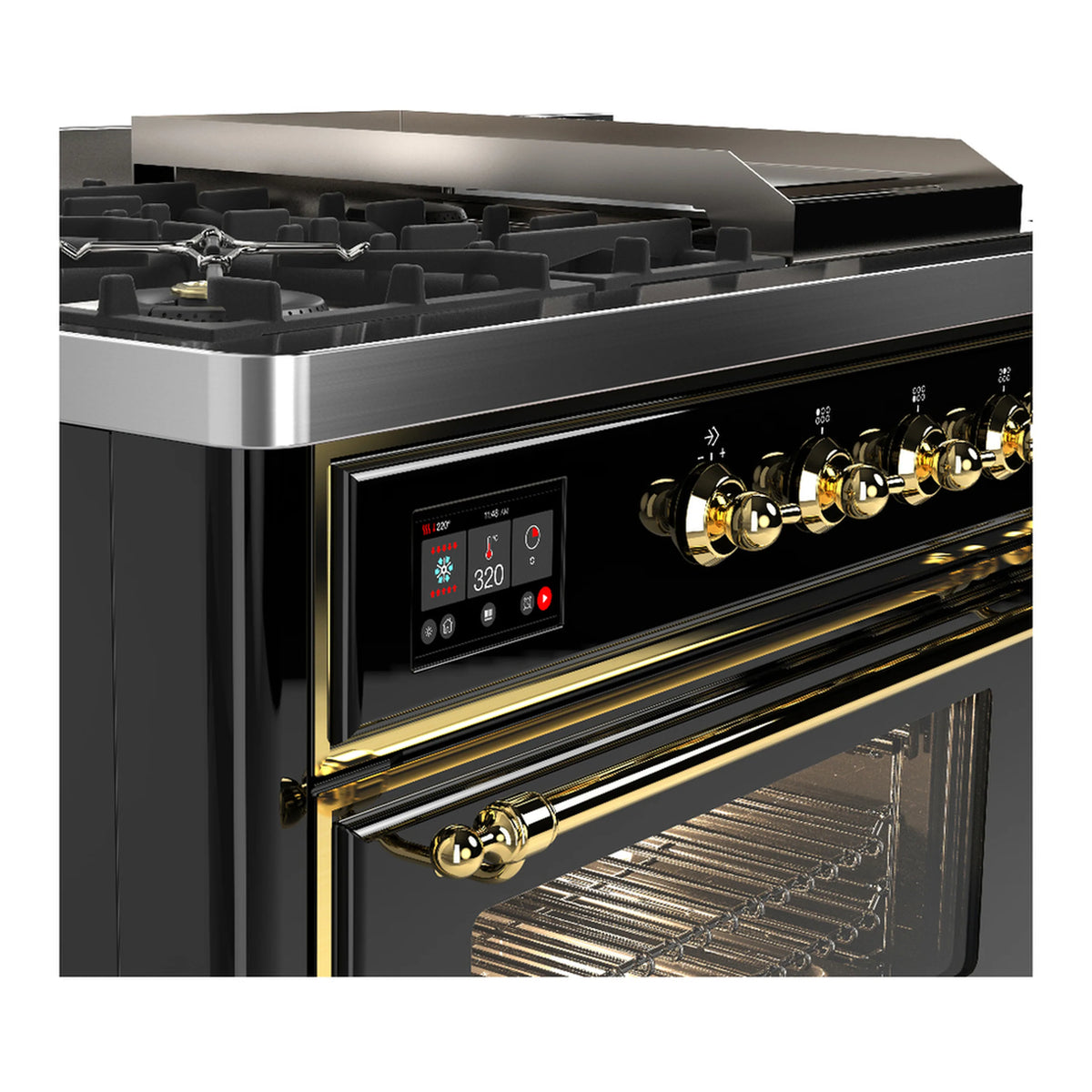 Black dual-fuel range control panel and brass knobs above open oven door, interior visible.