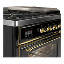 ILVE Majestic III 48-inch Dual Fuel Range with 5 Liquid Propane Burner, Griddle, French Top and Triple Glass Door Electric Oven in Glossy Black with Brass Trim (UM48FSNR3BKGLP)