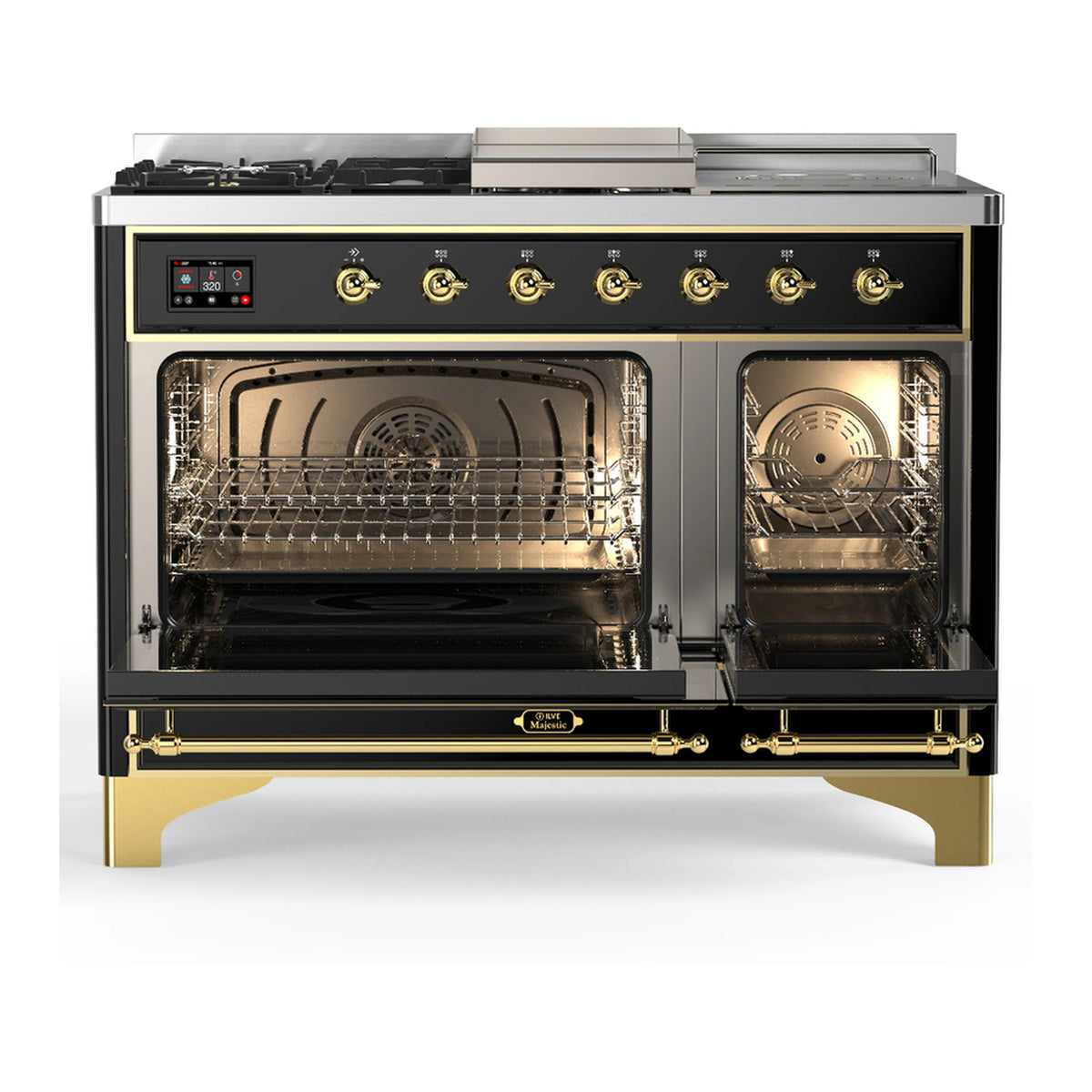 Glossy black dual fuel range with brass trim; double ovens open, racks visible through glass doors