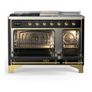 ILVE Majestic III 48-inch Dual Fuel Range with 5 Liquid Propane Burner, Griddle, French Top and Triple Glass Door Electric Oven in Glossy Black with Brass Trim (UM48FSNR3BKGLP)