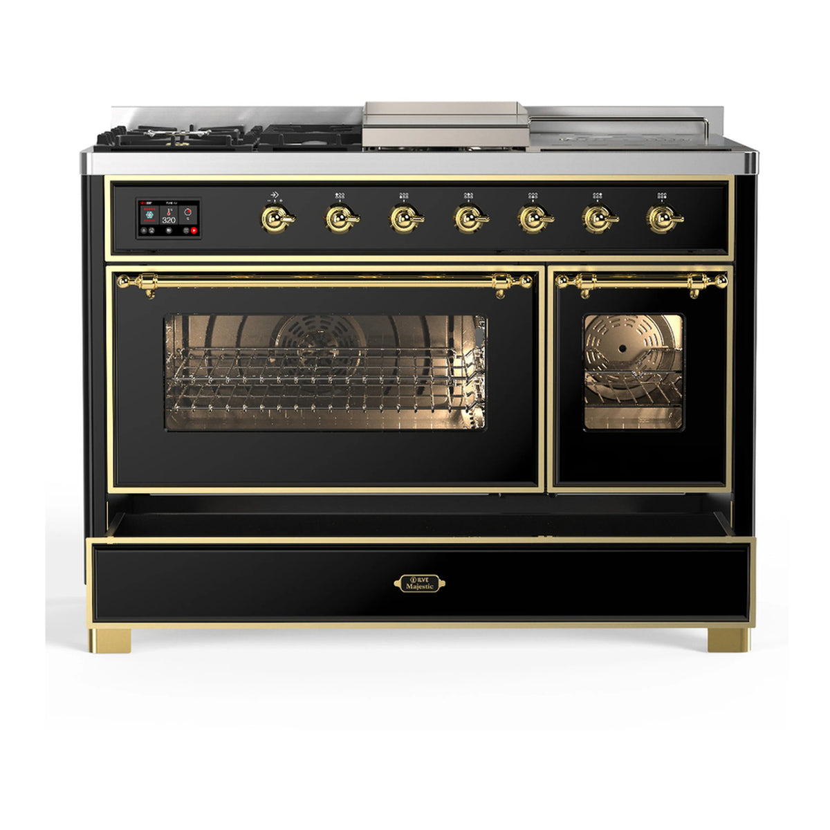 Glossy black dual-fuel range with brass trim, one oven door open showing heated interior.