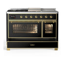 ILVE Majestic III 48-inch Dual Fuel Range with 5 Liquid Propane Burner, Griddle, French Top and Triple Glass Door Electric Oven in Glossy Black with Brass Trim (UM48FSNR3BKGLP)