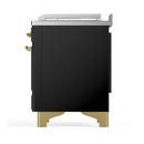 ILVE Majestic III 48-inch Dual Fuel Range with 5 Natural Gas Burner, Griddle, French Top and Triple Glass Door Electric Oven in Glossy Black with Brass Trim (UM48FSNR3BKG)