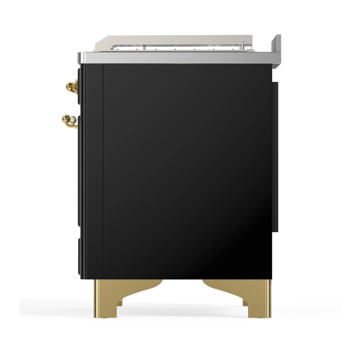 Black side panel of dual-fuel range with brass base feet and rear burner controls.