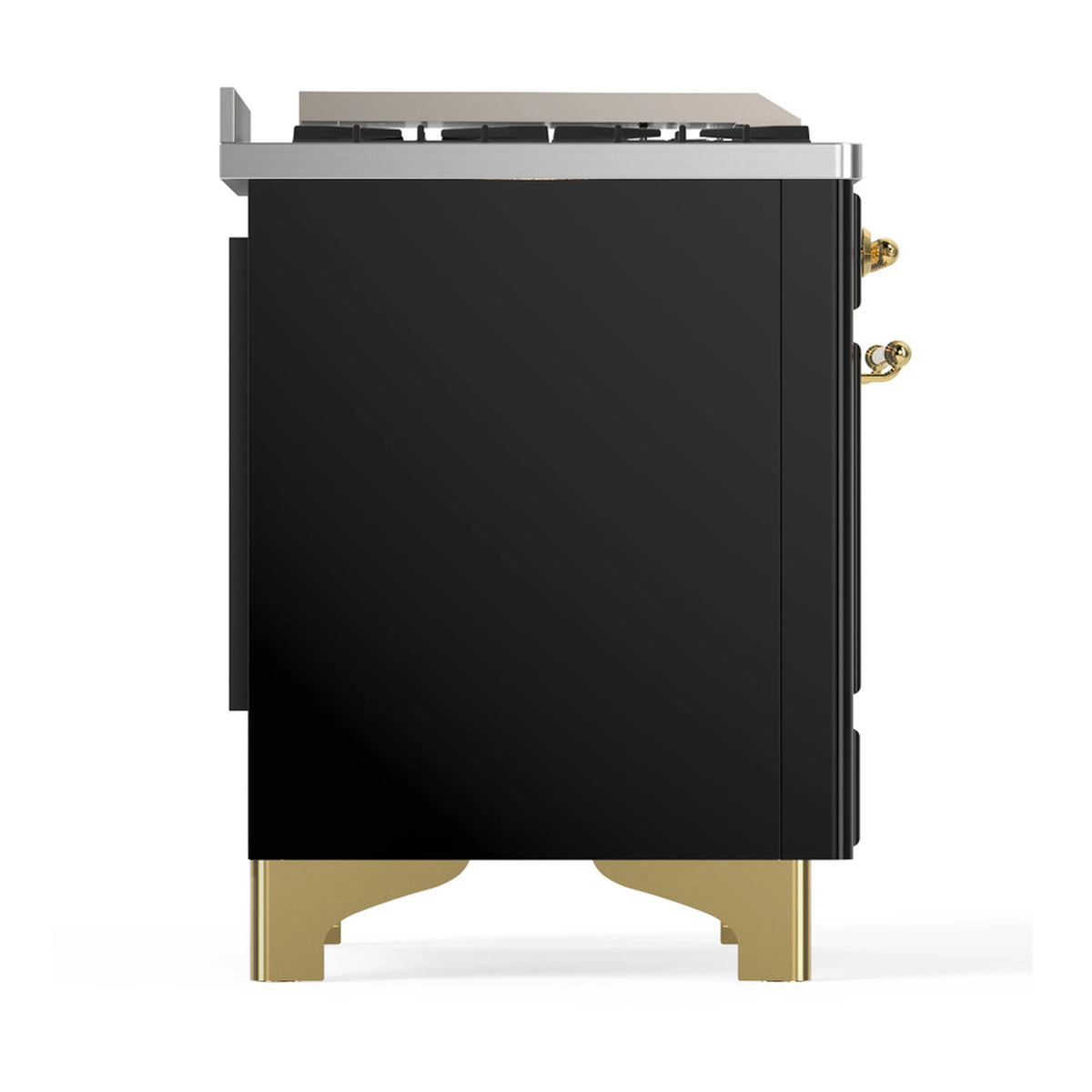 Rear-side view of glossy black dual fuel range with brass trim and tall rear panel