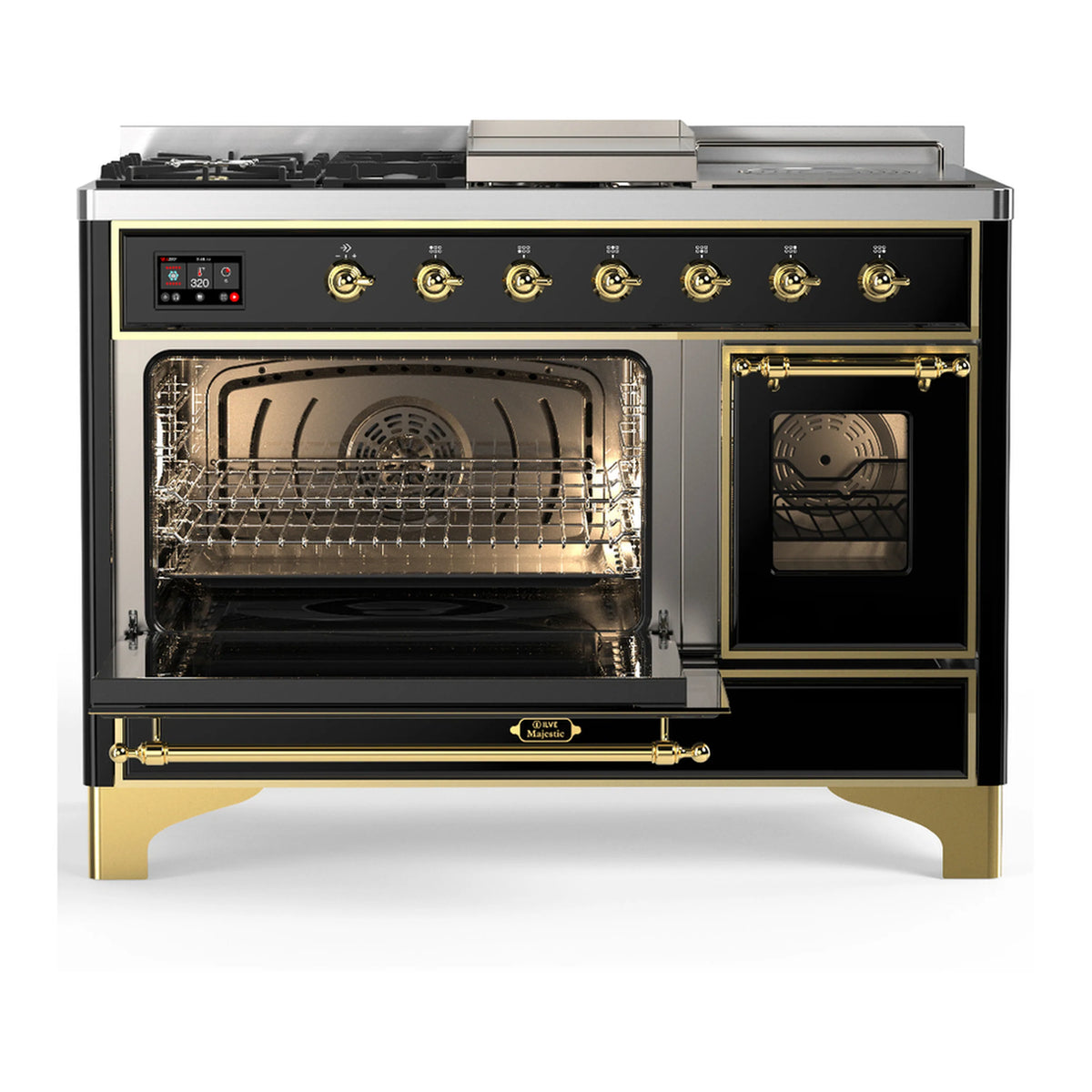 Glossy black dual fuel range with brass trim; both ovens open, interior racks and back fan visible