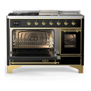 ILVE Majestic III 48-inch Dual Fuel Range with 5 Natural Gas Burner, Griddle, French Top and Triple Glass Door Electric Oven in Glossy Black with Brass Trim (UM48FSNR3BKG)