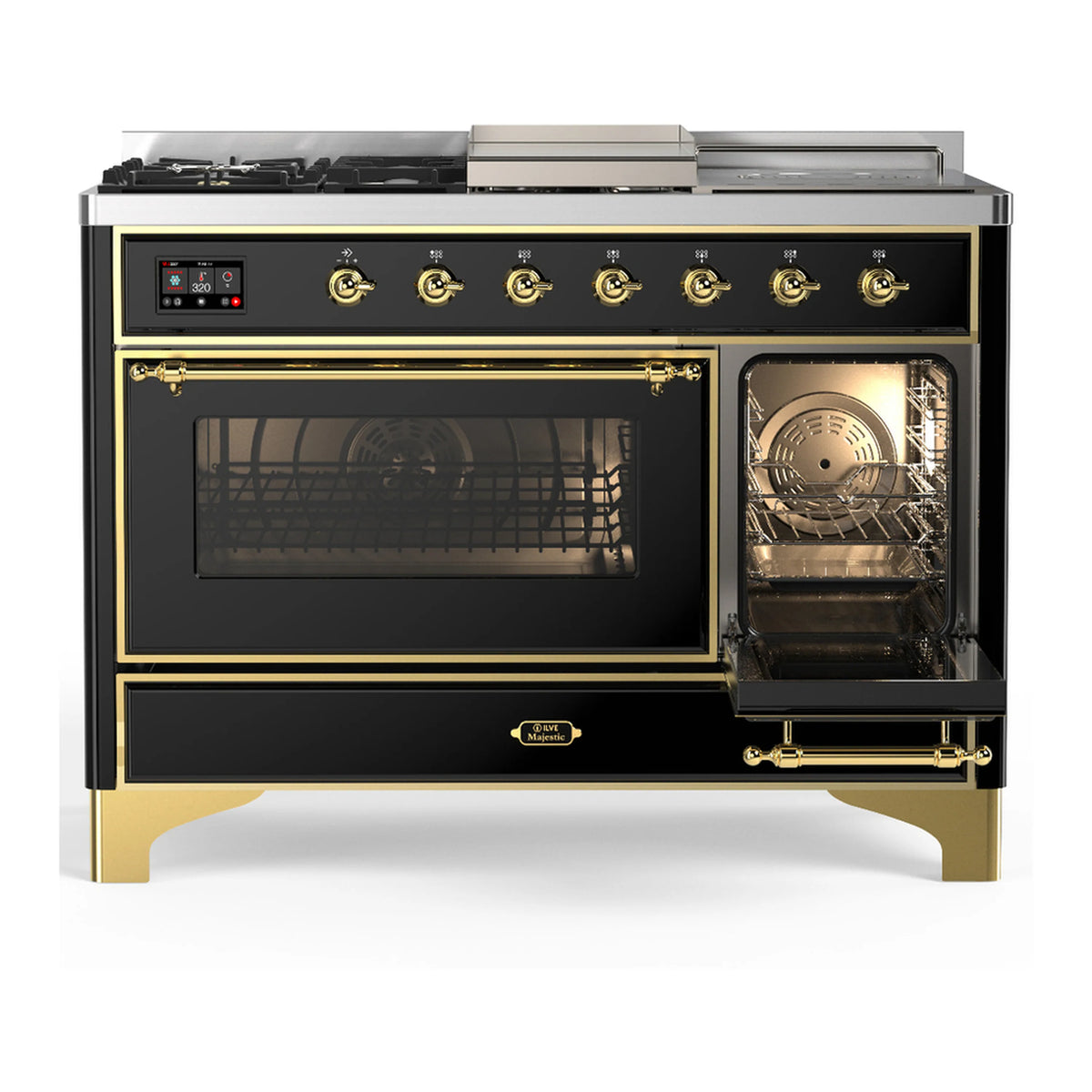Glossy black dual-fuel range with brass trim; left oven open showing racks, right oven closed.