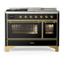 ILVE Majestic III 48-inch Dual Fuel Range with 5 Liquid Propane Burner, Griddle, French Top and Triple Glass Door Electric Oven in Glossy Black with Brass Trim (UM48FSNR3BKGLP)