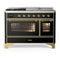 ILVE Majestic III 48-inch Dual Fuel Range with 5 Liquid Propane Burner, Griddle, French Top and Triple Glass Door Electric Oven in Glossy Black with Brass Trim (UM48FSNR3BKGLP)