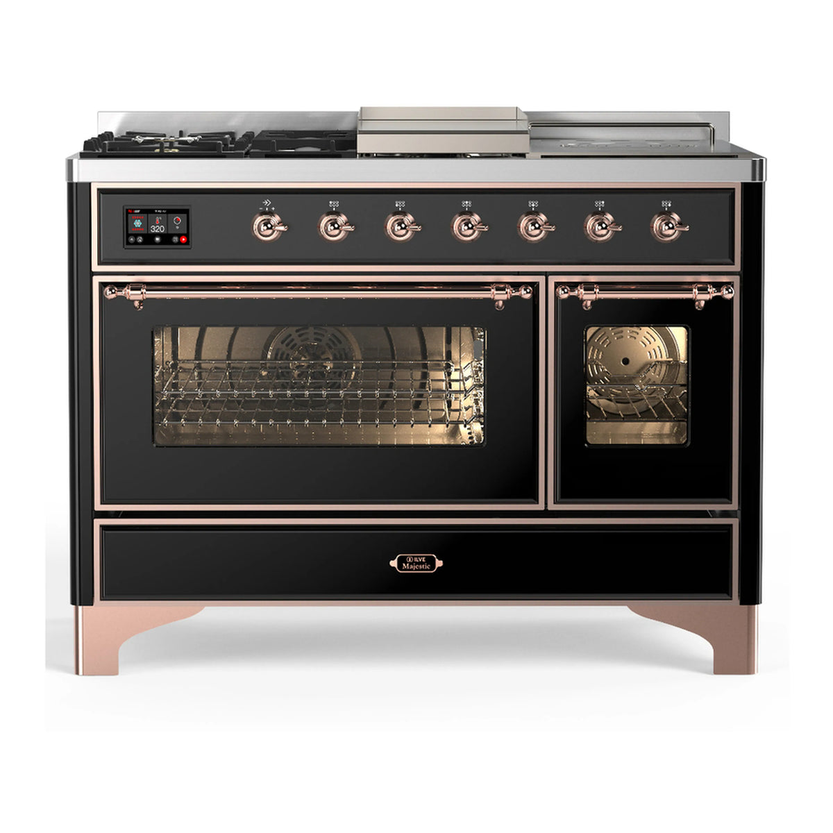 Glossy black dual fuel range with copper control knobs and two glass oven doors