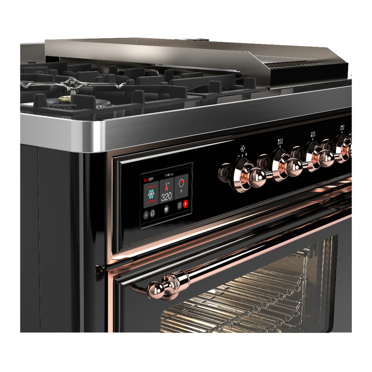 Glossy black dual fuel range side view with copper knobs, digital control, and oven door