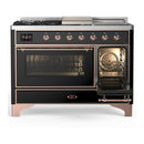 ILVE Majestic III 48-inch Dual Fuel Range with 5 Natural Gas Burner, Griddle, French Top and Triple Glass Door Electric Oven in Glossy Black with Copper Trim (UM48FSNR3BKP)