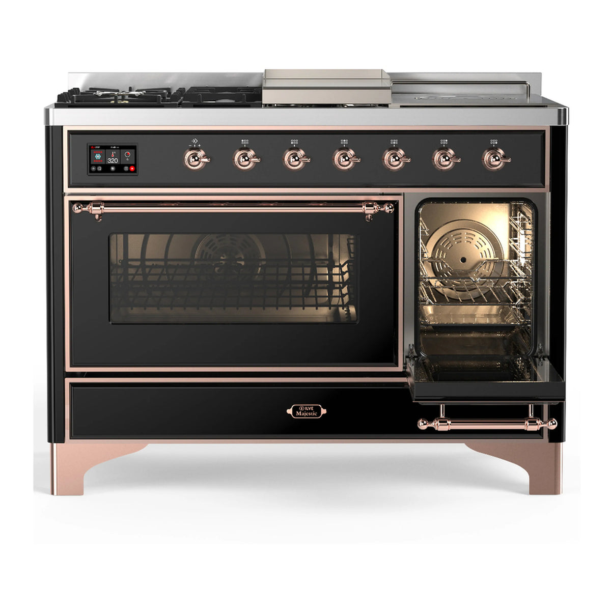 Glossy black dual fuel range front view with copper-trim knobs and two oven windows