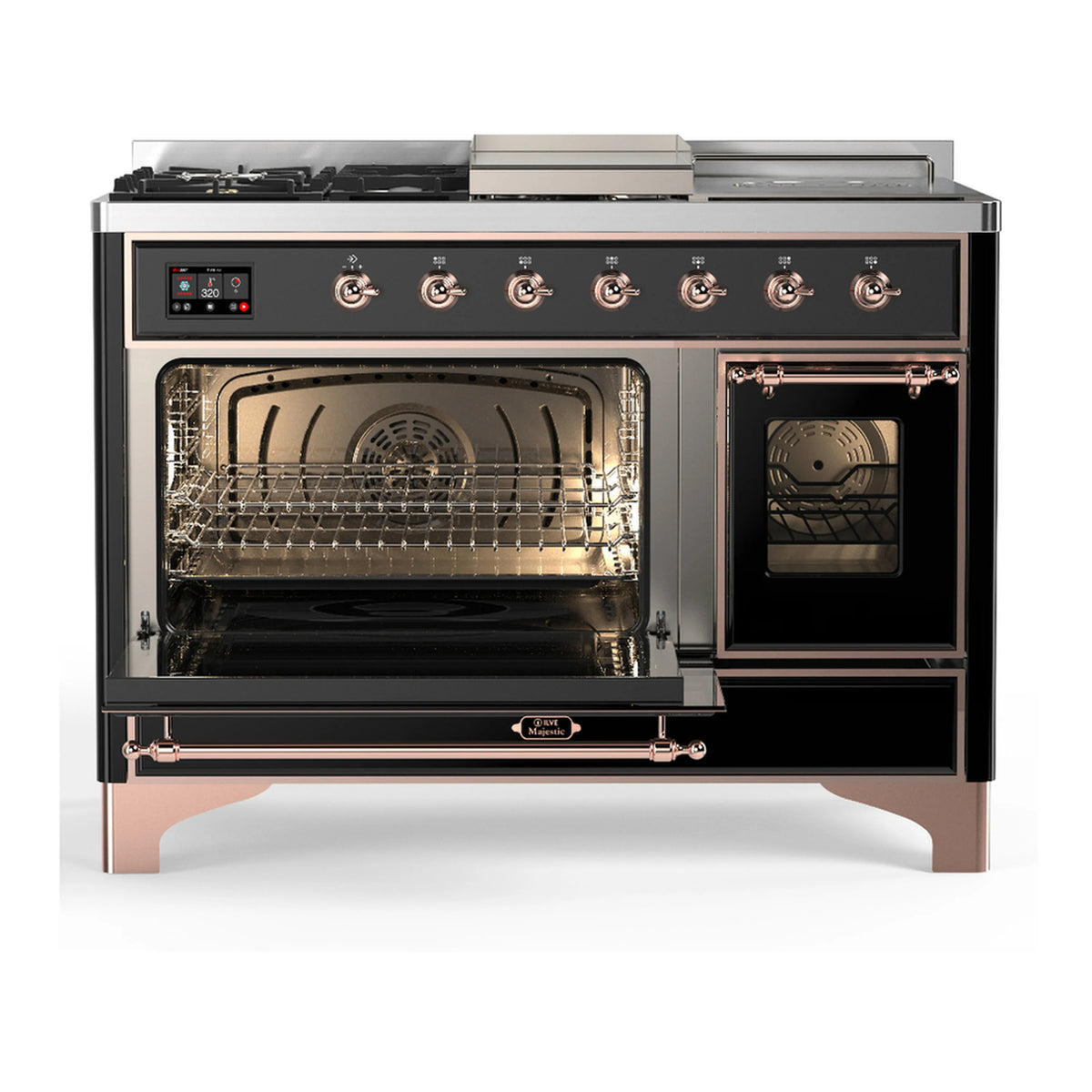 Glossy black dual fuel range with copper trim, glass oven doors, and front control panel