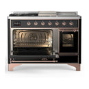 ILVE Majestic III 48-inch Dual Fuel Range with 5 Natural Gas Burner, Griddle, French Top and Triple Glass Door Electric Oven in Glossy Black with Copper Trim (UM48FSNR3BKP)