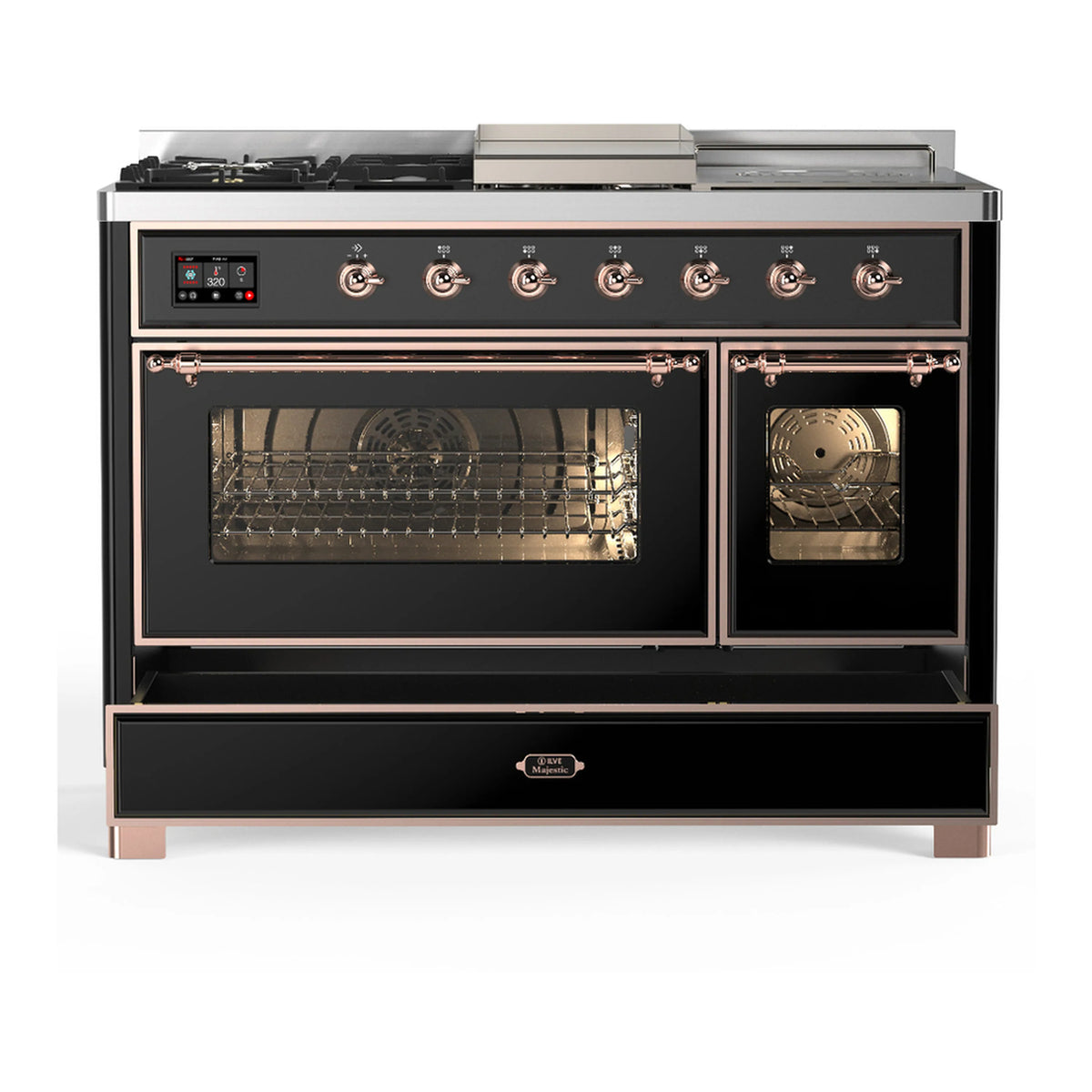 Dual fuel range with open ovens, copper-trimmed handles, and racks inside glass doors