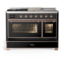 ILVE Majestic III 48-inch Dual Fuel Range with 5 Liquid Propane Burner, Griddle, French Top and Triple Glass Door Electric Oven in Glossy Black with Copper Trim (UM48FSNR3BKPLP)