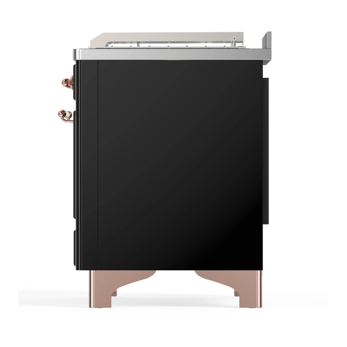Side view of glossy black dual fuel range with copper side trim and rear cooktop