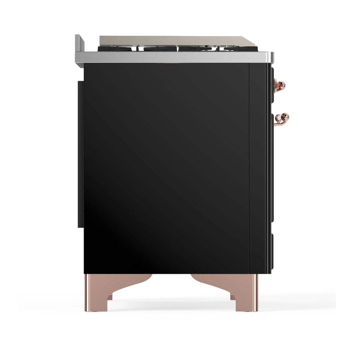 Side view of glossy black dual fuel range with copper legs and cooktop side controls