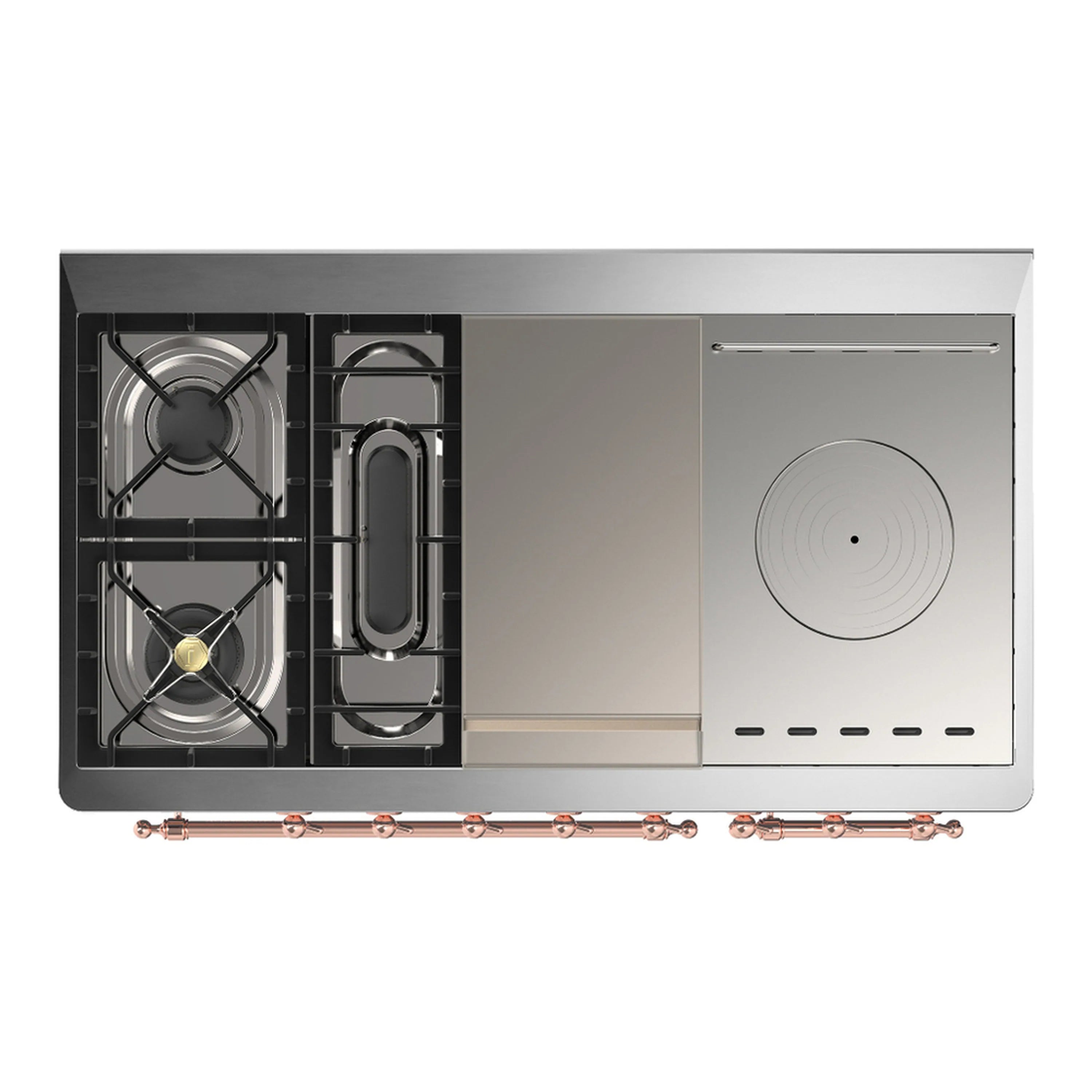 Dual fuel range open rear service area showing two burners and wiring components